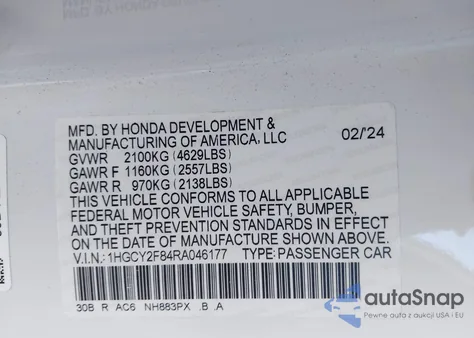2024 Honda Accord Touring Hybrid z USA, uszkodzony, nr VIN 1HGCY2F84RA046177